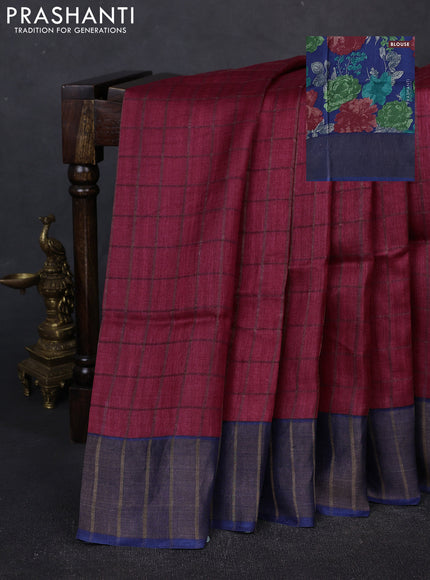 Pure Tussar silk saree dark pink and blue with allover zari checked pattern and zari woven border