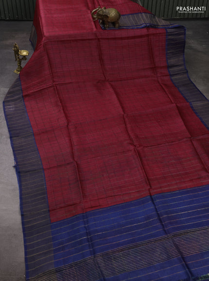 Pure Tussar silk saree dark pink and blue with allover zari checked pattern and zari woven border