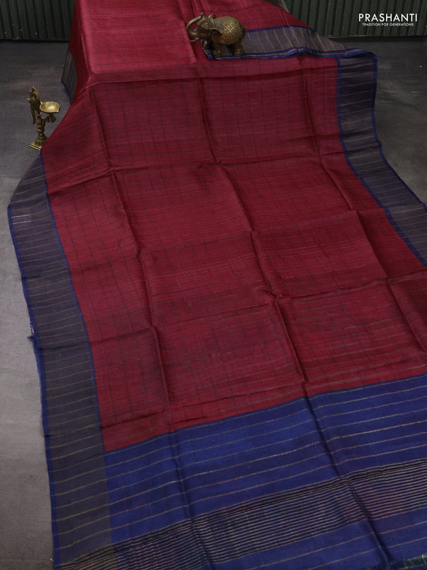 Pure Tussar silk saree dark pink and blue with allover zari checked pattern and zari woven border