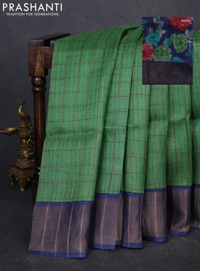 Pure Tussar silk saree green and blue with allover zari checked pattern and zari woven border