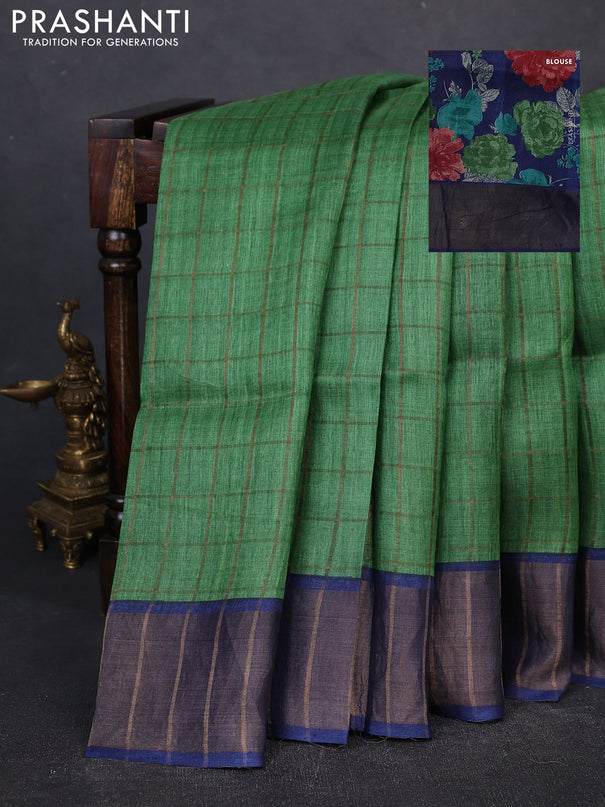 Pure Tussar silk saree green and blue with allover zari checked pattern and zari woven border