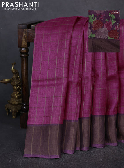 Pure Tussar silk saree pink and deep jamun with allover zari checked pattern and zari woven border