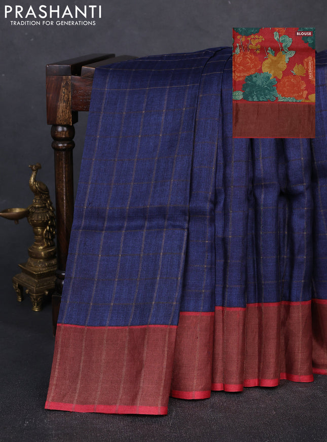 Pure Tussar silk saree navy blue and red with allover zari checked pattern and zari woven border