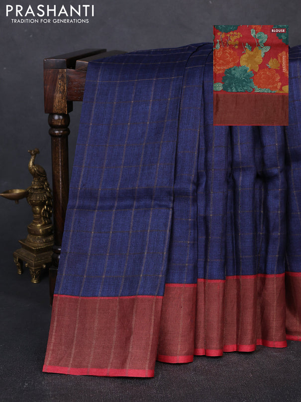 Pure Tussar silk saree navy blue and red with allover zari checked pattern and zari woven border