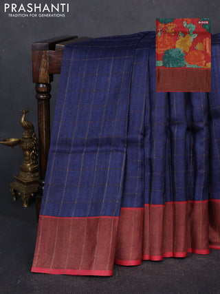 Pure Tussar silk saree navy blue and red with allover zari checked pattern and zari woven border