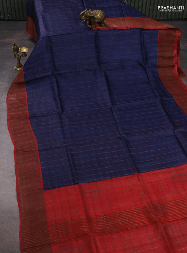 Pure Tussar silk saree navy blue and red with allover zari checked pattern and zari woven border
