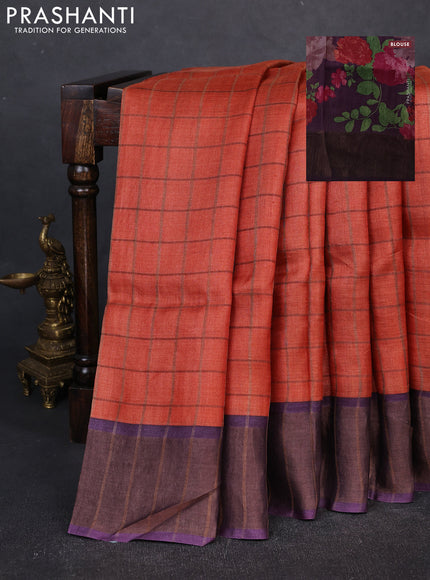 Pure Tussar silk saree orange and deep jamun with allover zari checked pattern and zari woven border