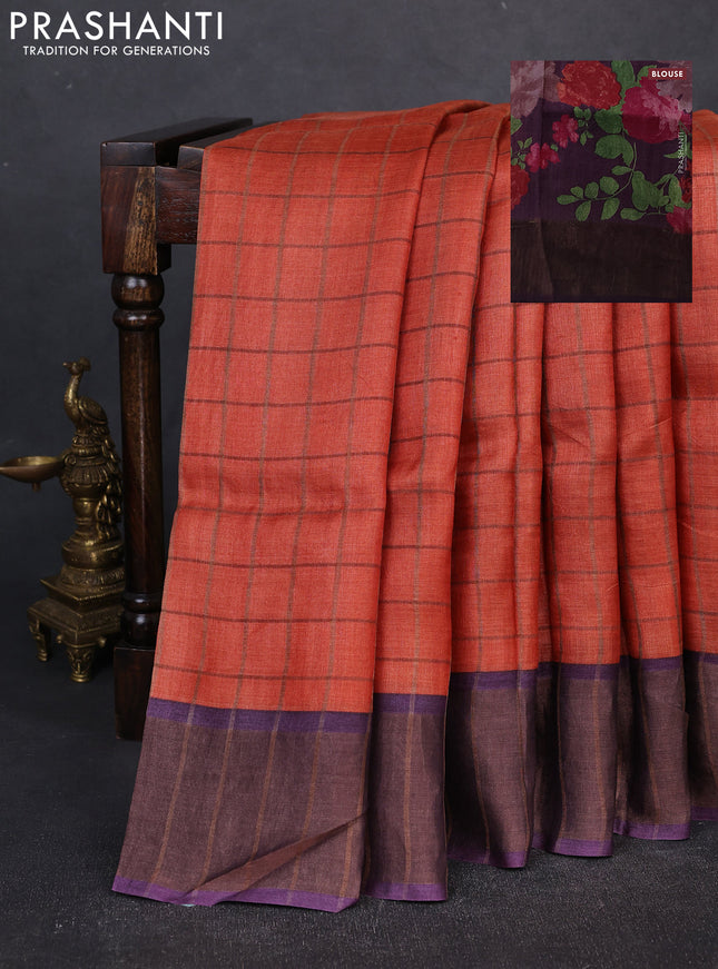 Pure Tussar silk saree orange and deep jamun with allover zari checked pattern and zari woven border