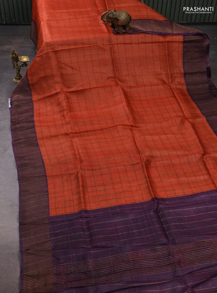 Pure Tussar silk saree orange and deep jamun with allover zari checked pattern and zari woven border