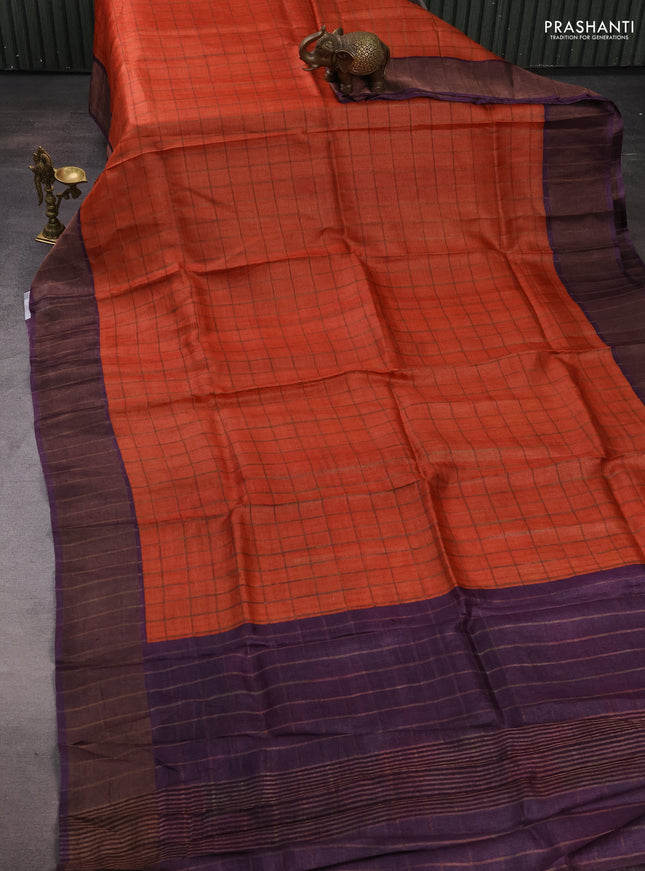 Pure Tussar silk saree orange and deep jamun with allover zari checked pattern and zari woven border