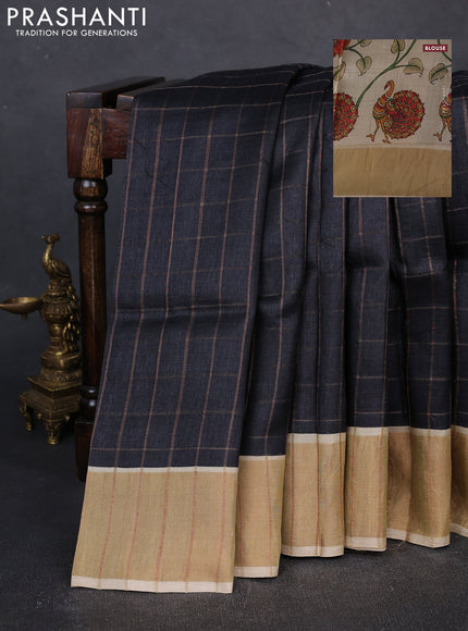 Pure Tussar silk saree black and cream with allover zari checked pattern and zari woven border