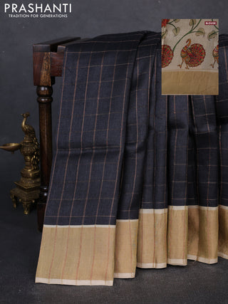 Pure Tussar silk saree black and cream with allover zari checked pattern and zari woven border