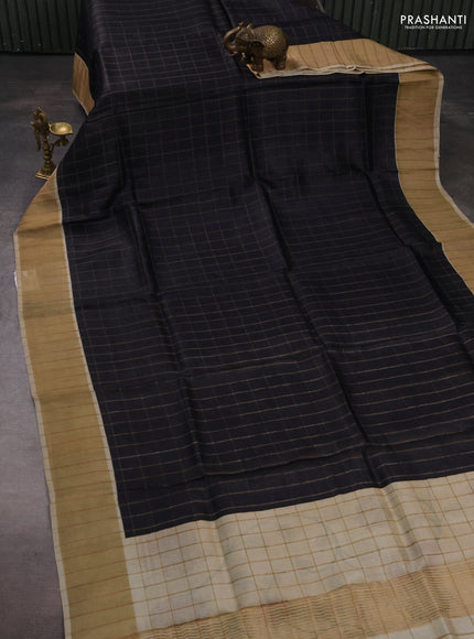 Pure Tussar silk saree black and cream with allover zari checked pattern and zari woven border