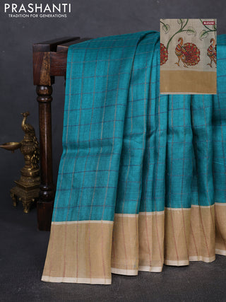 Pure Tussar silk saree teal blue and cream with allover zari checked pattern and zari woven border