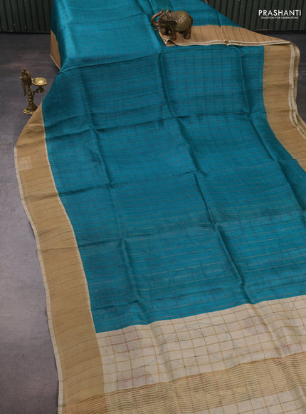 Pure Tussar silk saree teal blue and cream with allover zari checked pattern and zari woven border