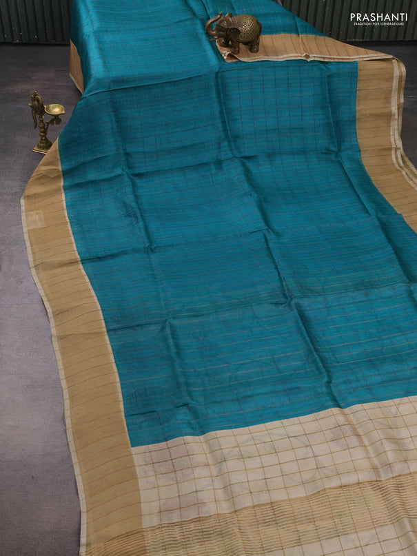 Pure Tussar silk saree teal blue and cream with allover zari checked pattern and zari woven border
