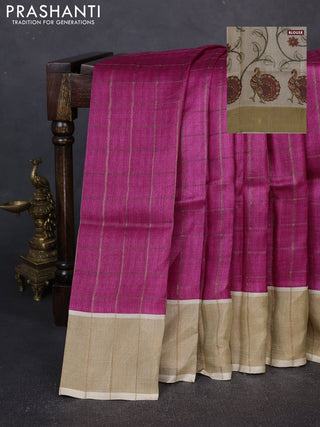 Pure Tussar silk saree dark pink and cream with allover zari checked pattern and zari woven border