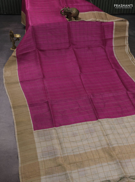 Pure Tussar silk saree dark pink and cream with allover zari checked pattern and zari woven border