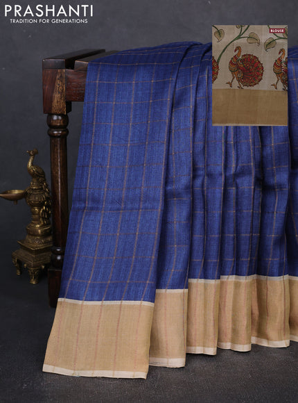 Pure Tussar silk saree blue and cream with allover zari checked pattern and zari woven border