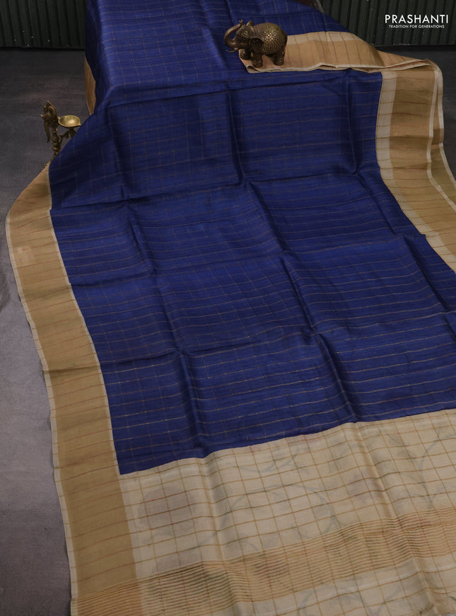 Pure Tussar silk saree blue and cream with allover zari checked pattern and zari woven border