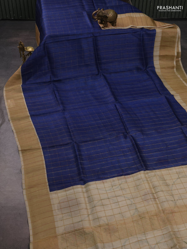 Pure Tussar silk saree blue and cream with allover zari checked pattern and zari woven border