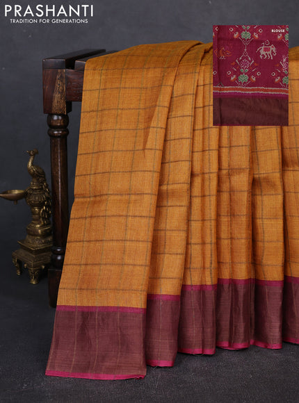 Pure Tussar silk saree mustard yellow and dark pink with allover zari checked pattern and zari woven border