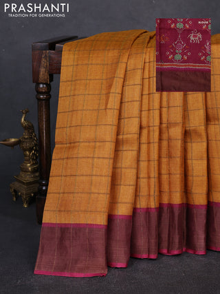 Pure Tussar silk saree mustard yellow and dark pink with allover zari checked pattern and zari woven border