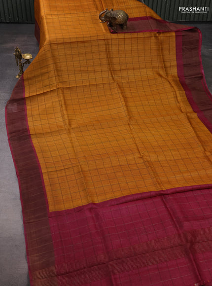 Pure Tussar silk saree mustard yellow and dark pink with allover zari checked pattern and zari woven border