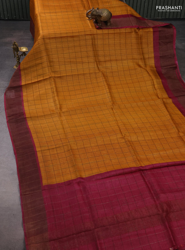 Pure Tussar silk saree mustard yellow and dark pink with allover zari checked pattern and zari woven border