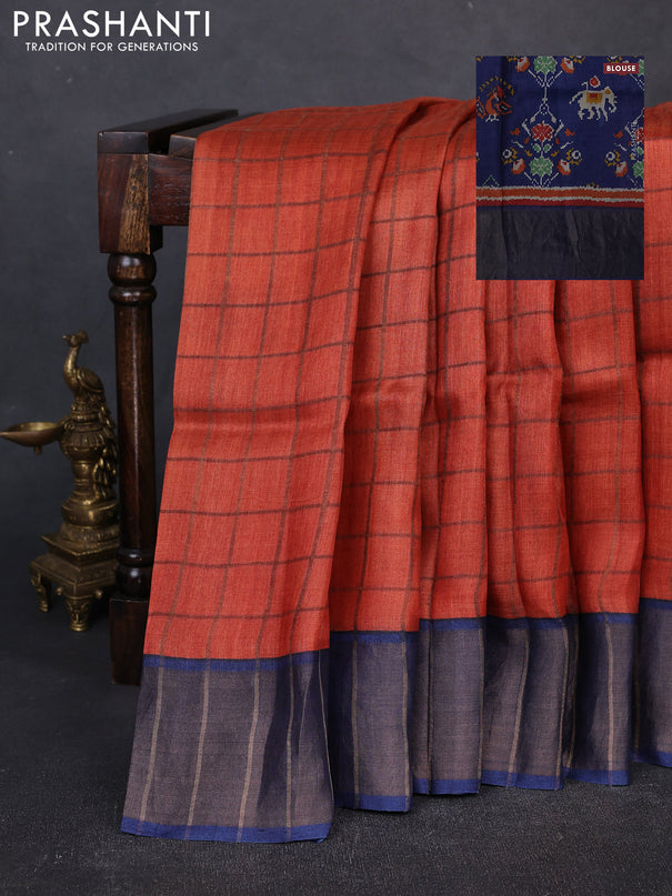 Pure Tussar silk saree orange and blue with allover zari checked pattern and zari woven border