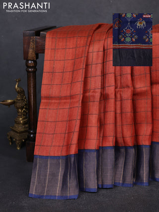 Pure Tussar silk saree orange and blue with allover zari checked pattern and zari woven border