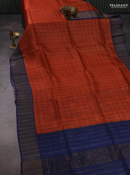 Pure Tussar silk saree orange and blue with allover zari checked pattern and zari woven border