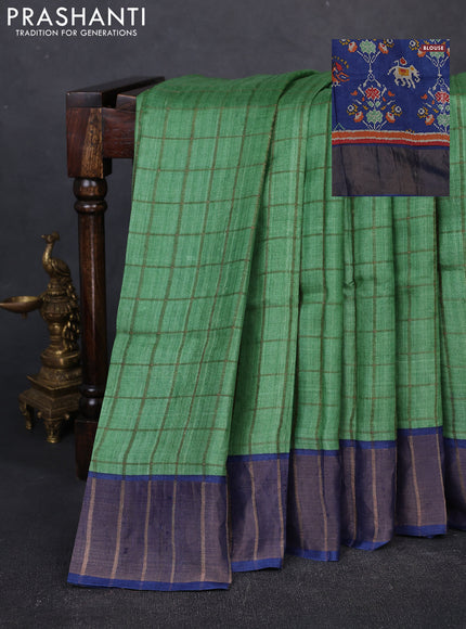 Pure Tussar silk saree light green and blue with allover zari checked pattern and zari woven border