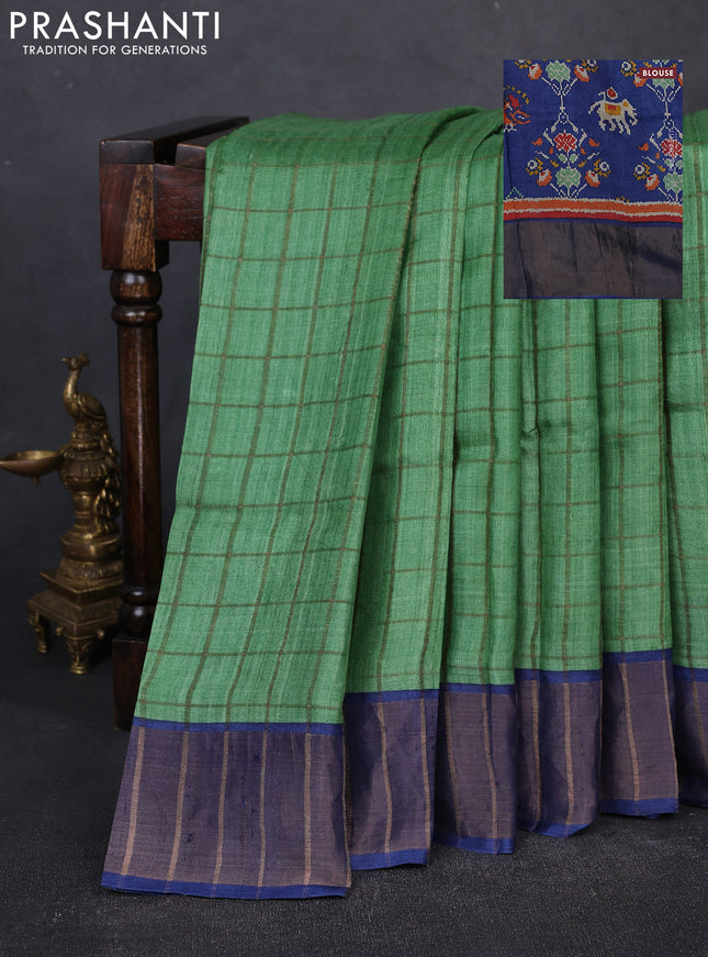 Pure Tussar silk saree light green and blue with allover zari checked pattern and zari woven border