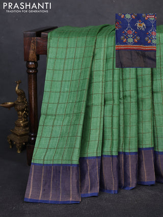 Pure Tussar silk saree light green and blue with allover zari checked pattern and zari woven border