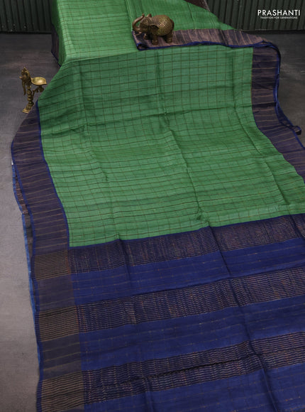Pure Tussar silk saree light green and blue with allover zari checked pattern and zari woven border