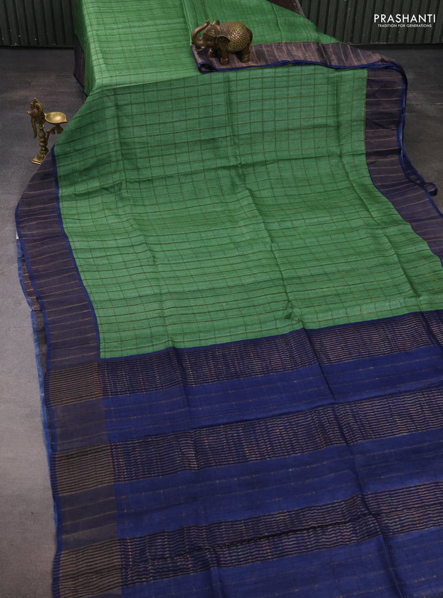 Pure Tussar silk saree light green and blue with allover zari checked pattern and zari woven border