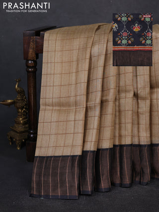 Pure Tussar silk saree beige and black with allover zari checked pattern and zari woven border