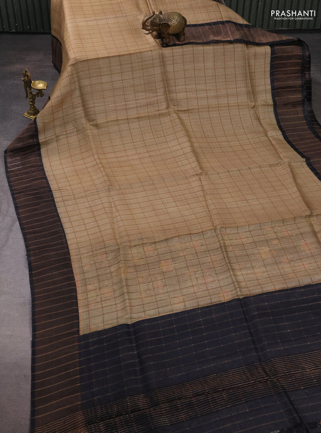 Pure Tussar silk saree beige and black with allover zari checked pattern and zari woven border