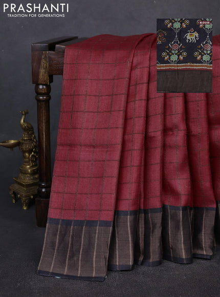 Pure Tussar silk saree red and black with allover zari checked pattern and zari woven border