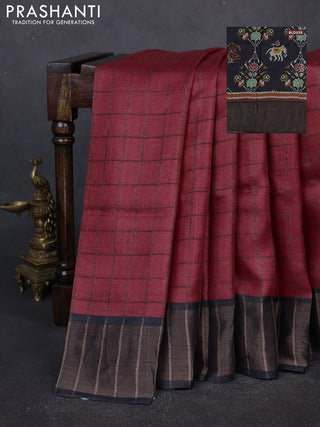 Pure Tussar silk saree red and black with allover zari checked pattern and zari woven border