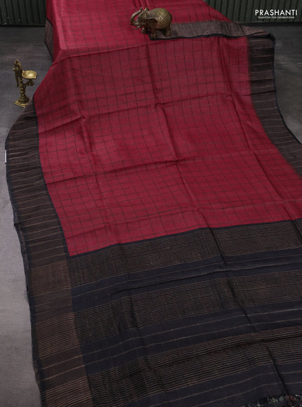 Pure Tussar silk saree red and black with allover zari checked pattern and zari woven border