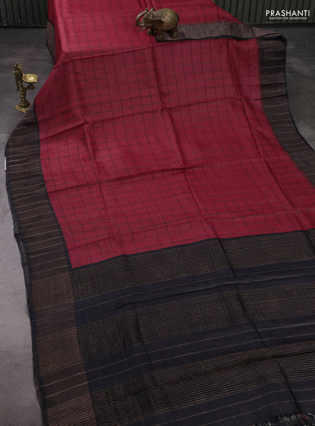 Pure Tussar silk saree red and black with allover zari checked pattern and zari woven border