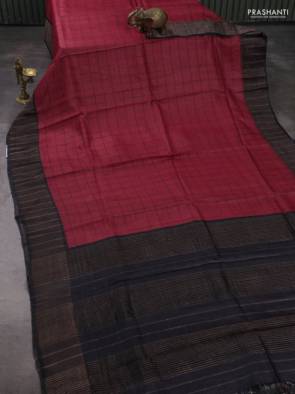 Pure Tussar silk saree red and black with allover zari checked pattern and zari woven border