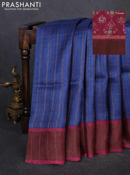 Pure Tussar silk saree blue and dark pink with allover zari checked pattern and zari woven border