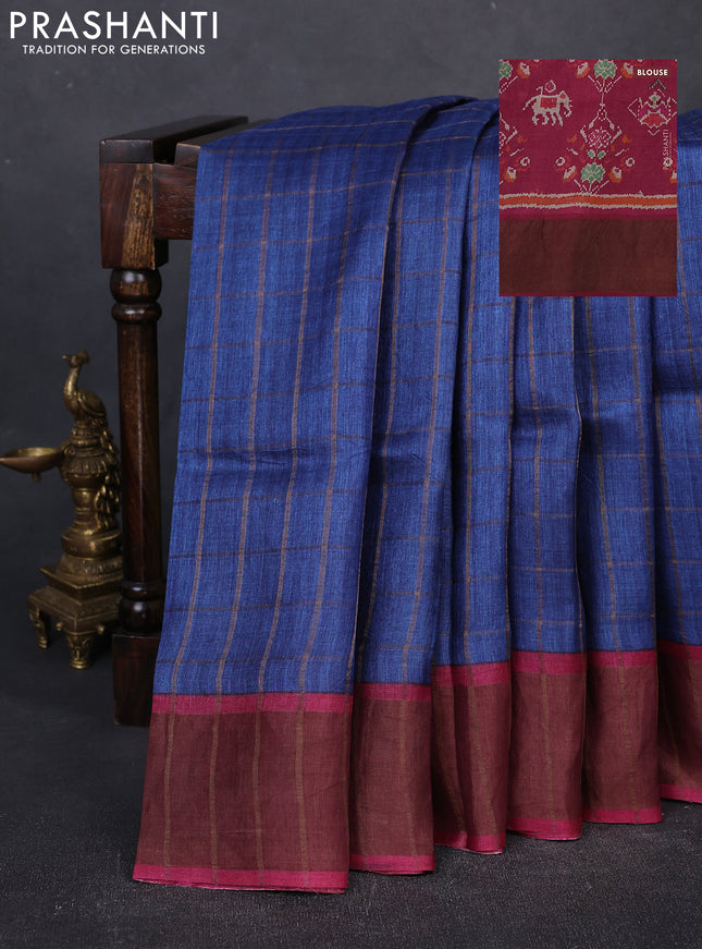 Pure Tussar silk saree blue and dark pink with allover zari checked pattern and zari woven border