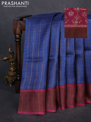 Pure Tussar silk saree blue and dark pink with allover zari checked pattern and zari woven border