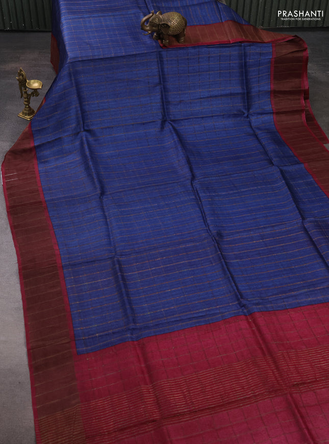 Pure Tussar silk saree blue and dark pink with allover zari checked pattern and zari woven border