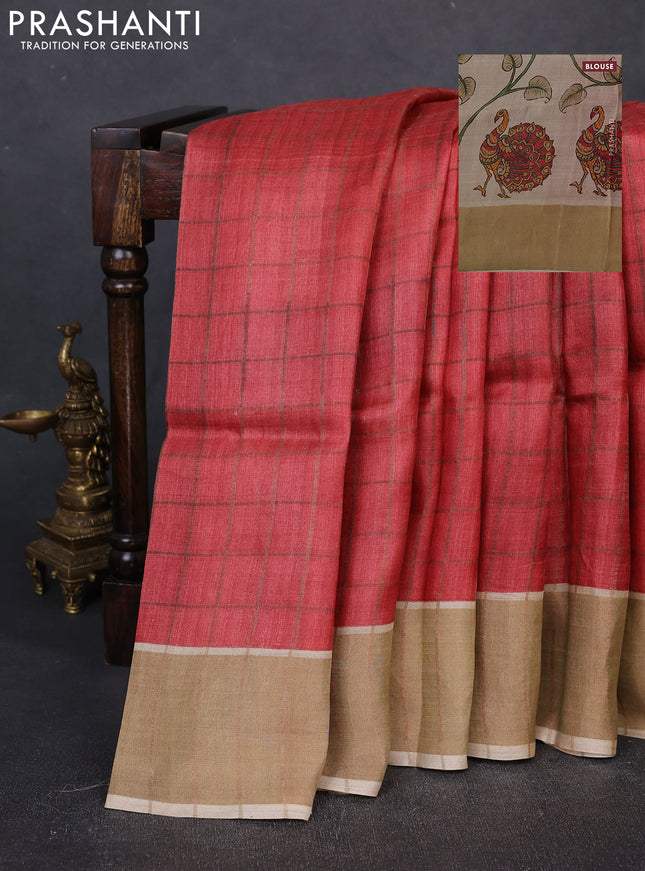Pure Tussar silk saree red and cream with allover zari checked pattern and zari woven border