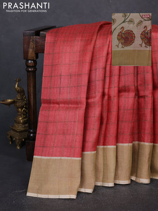 Pure Tussar silk saree red and cream with allover zari checked pattern and zari woven border